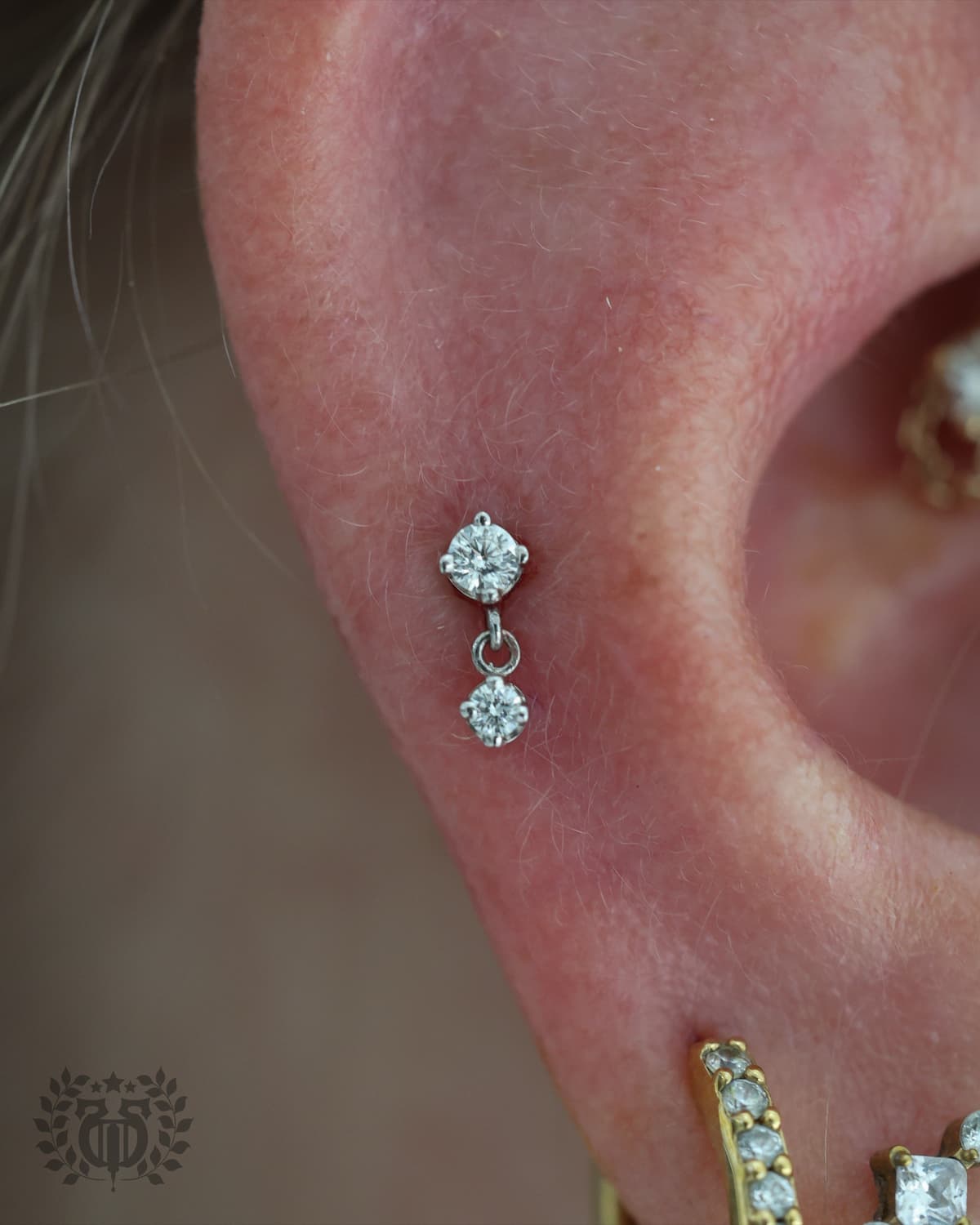Silver double CZ dangle stud cartilage piercing macro close-up at Apollo LA