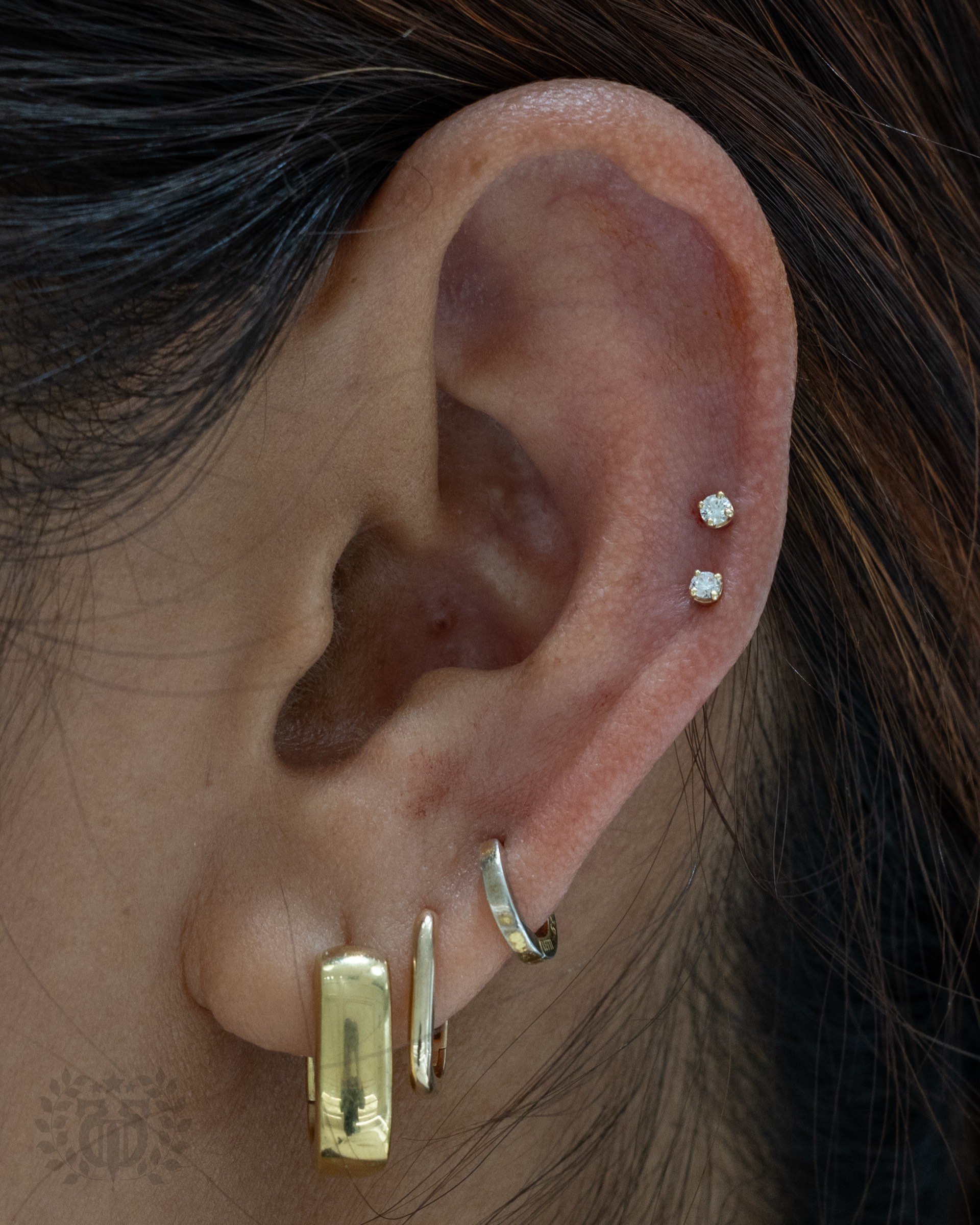 BVLA gold cluster jewelry in helix piercing at Apollo Tattoo Studio
