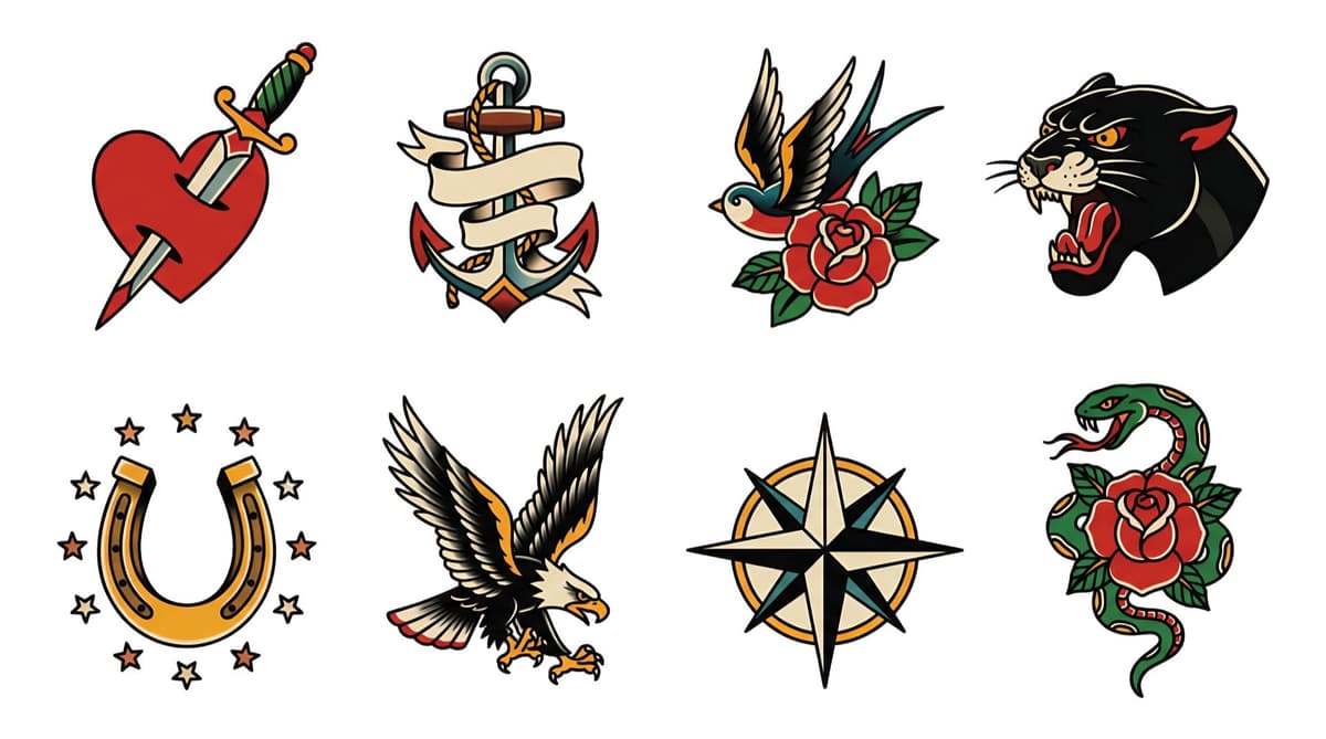 Traditional flash set with eagle, panther and anchor at Apollo Studio Los Angeles