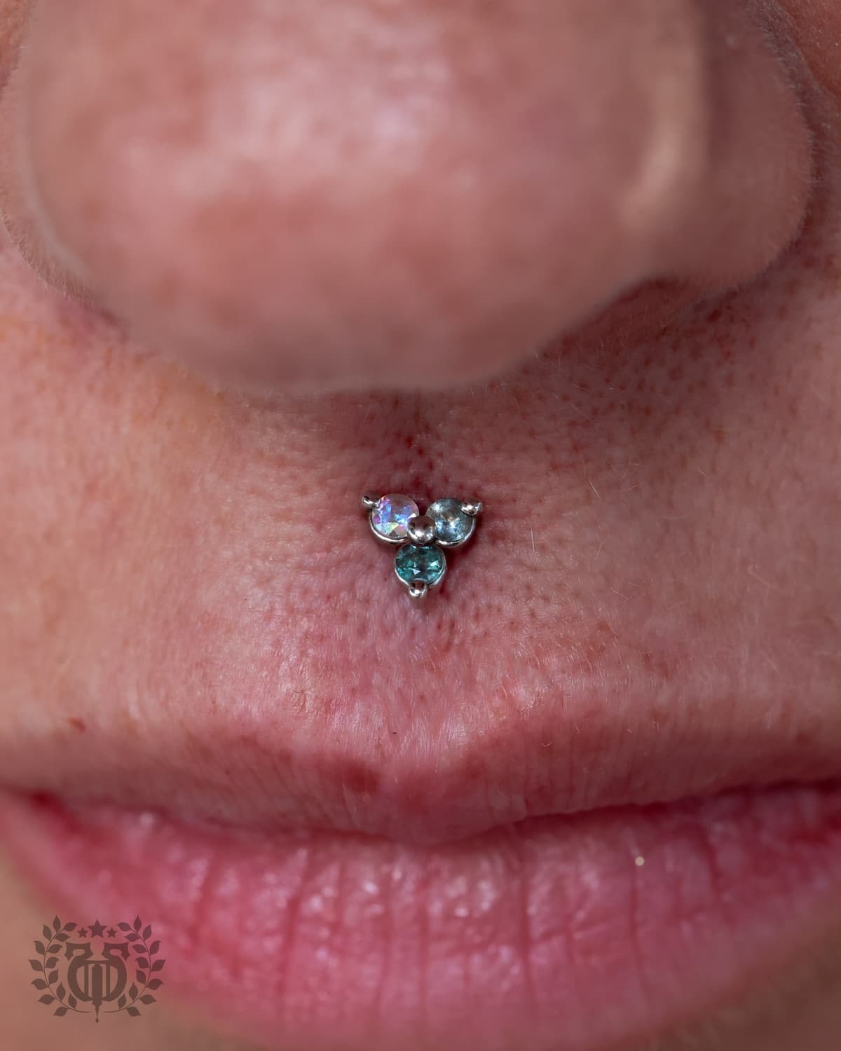 Lip piercing with gold crescent moon stud and nose hoop at Apollo Studio Los Angeles