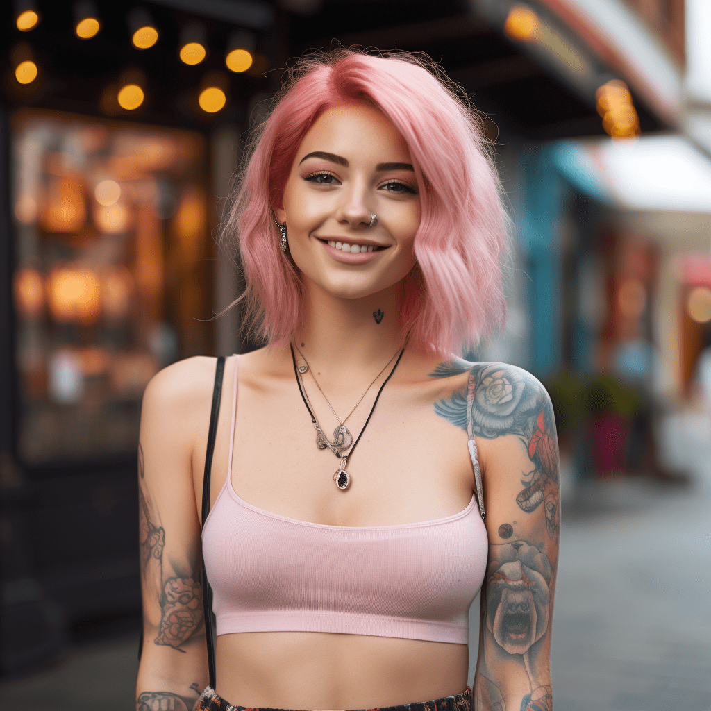 Portrait of a smiling young woman with pink hair, facial piercings including a nose ring, and arm tattoos.